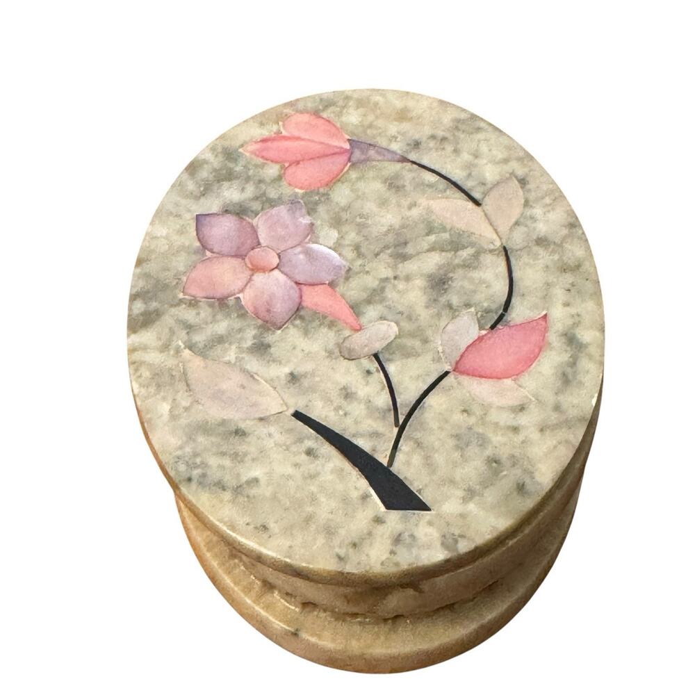 Vintage Oval Trinket Box Granite Reticulated Mother of Pearl Floral Inlay